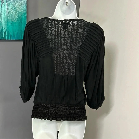 Women's Small Black Top Y2K Puff Sleeve Smocked Waist Buttons Crochet Whimsigoth - Picture 2 of 14